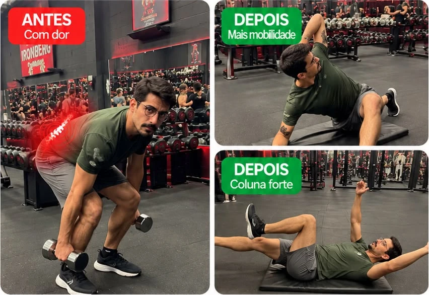Antes e depois: Vinicius com dor na coluna ao treinar e, depois, fazendo exercícios de mobilidade e fortalecimento